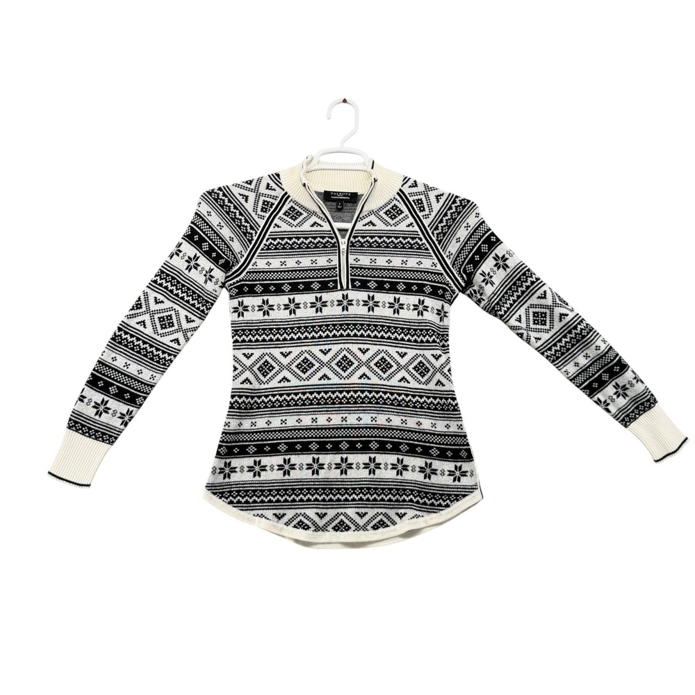Talbots Thermawarmth Petite Black Ivory Fair Isle Quarter Zip Sweater P